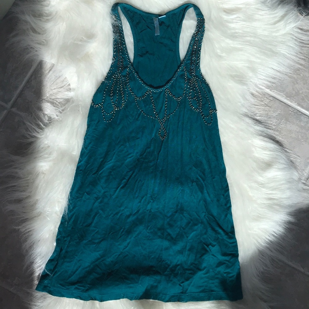 Beaded detail teal tank top